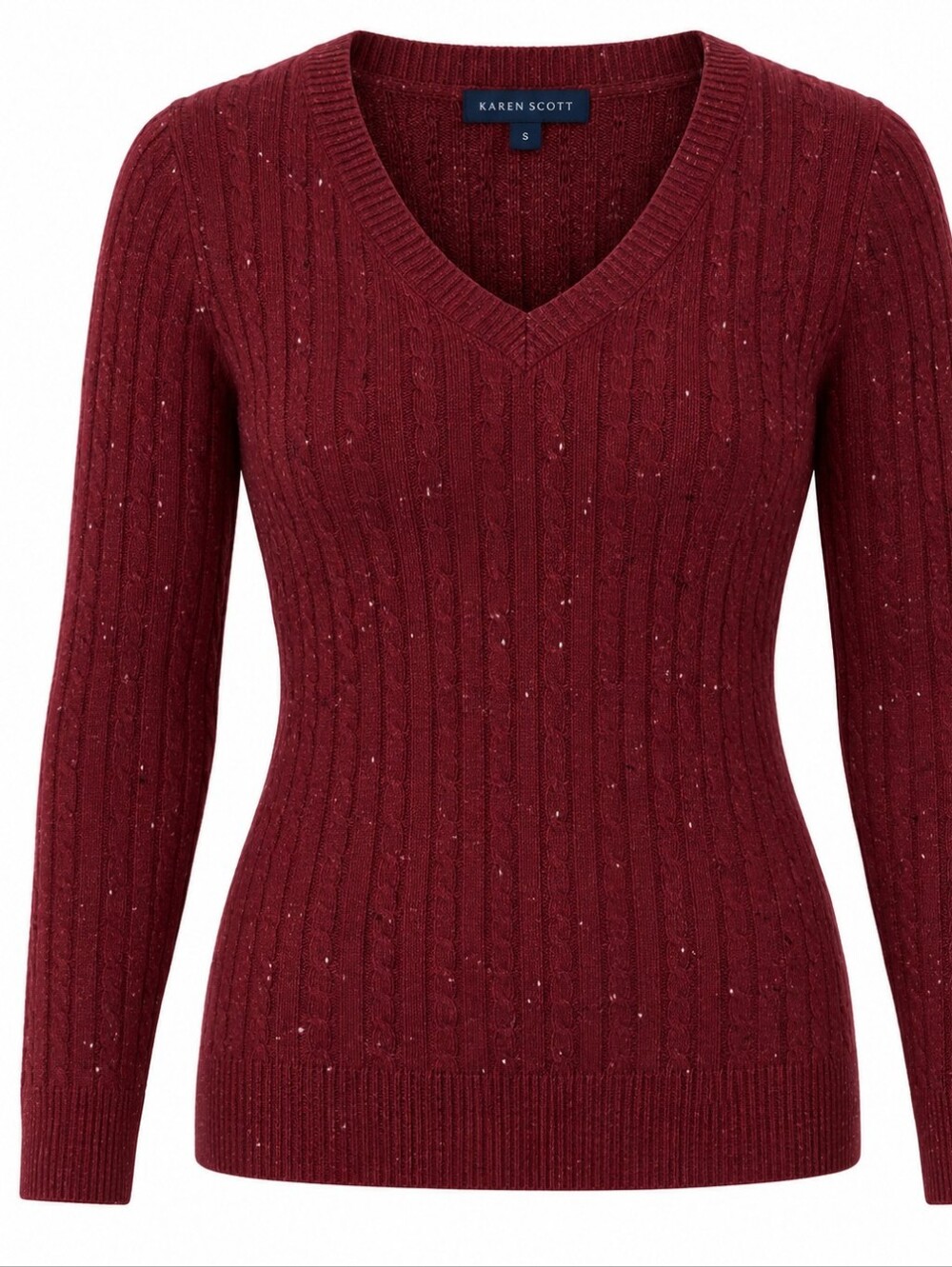 KAREN SCOTT | Maroon Fitted Speckled V-Neck Cotton Blend Cable Knit Sweater | S